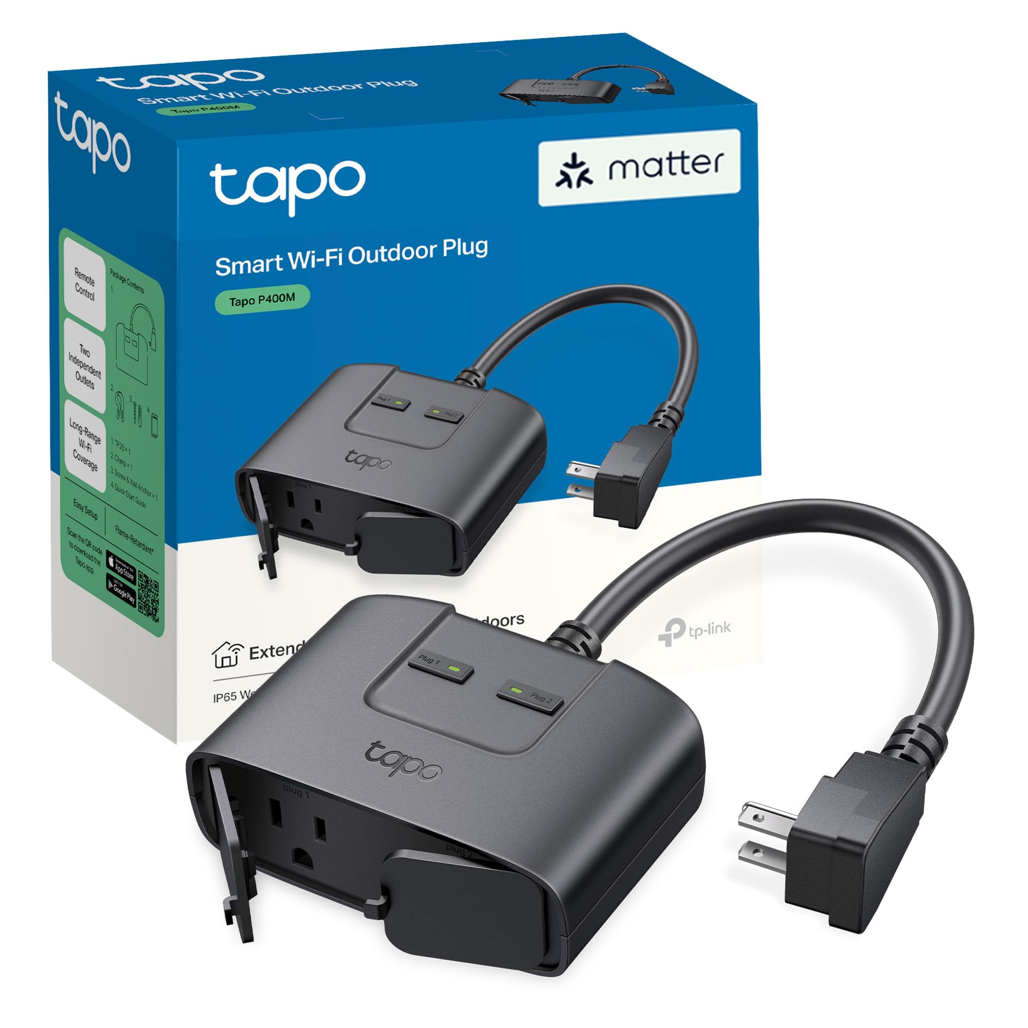 Tapo Matter Outdoor Smart Plug, 2 Individual Outlets, P400M